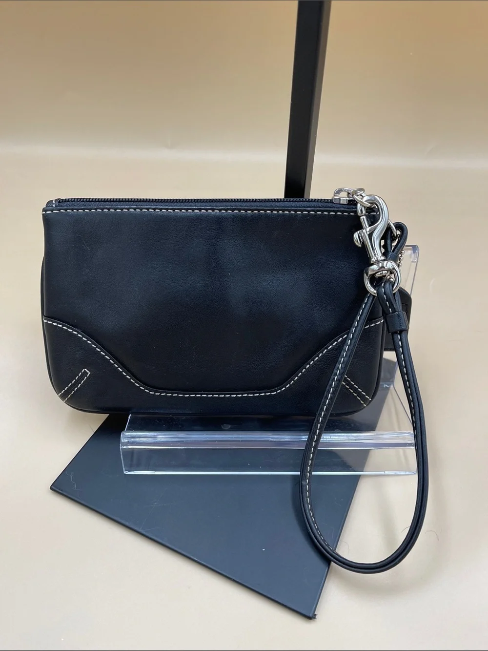 Coach Black Leather Wristlet Pouch with Contrast Stitching